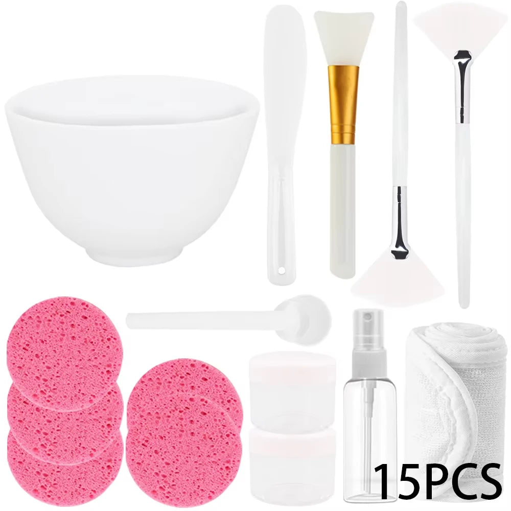 15PCS Face Skin Care Set Facemask Mixing Bowl Tools Silicone DIY Mud Clay Facial Mask With Make up Brushs Sponge Beauty Tools