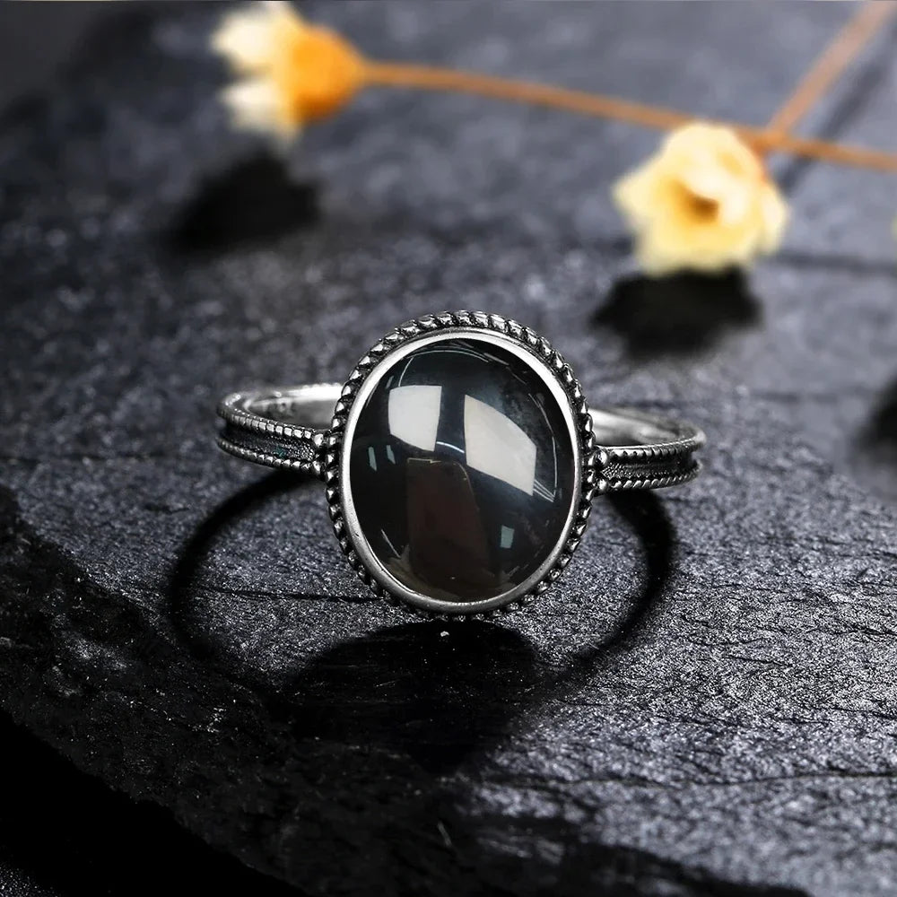 Vintage 925 Silver Ring Natural Black Onyx Ring Circular Denier Type Horse Eye Design Gift Fine Jewelry Black Ring For Men Women