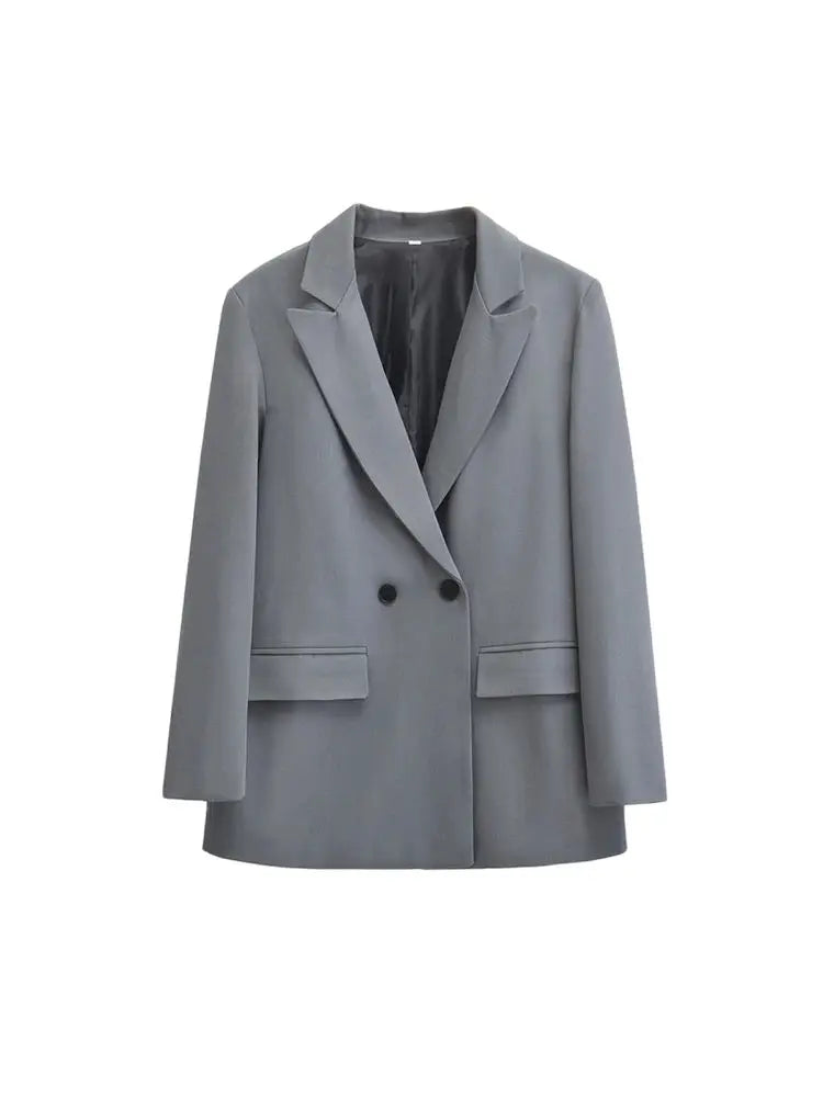 Women's Double Breasted Office Wear Blazer Coat, Long Sleeve, Flap Pockets, Female Outerwear, Chic Tops, Fashion