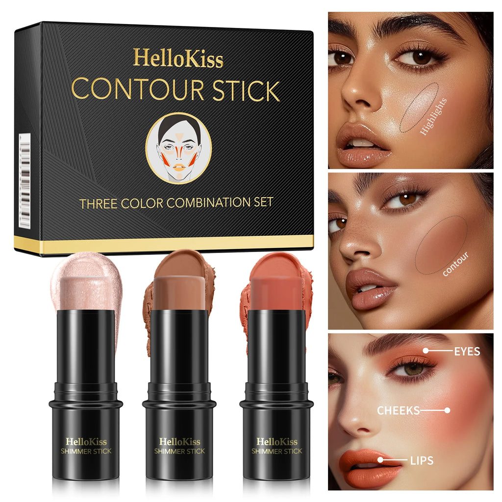 4pcs Contour Stick, Highlighter Stick, Blush Stick 4pcs Cream Contour Kit with Contour Brush, Create Face Contour, Non-greasy