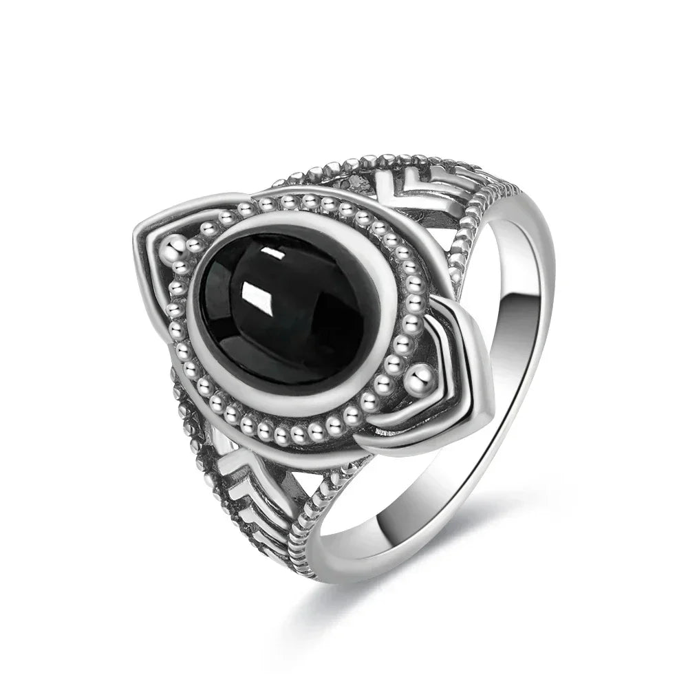 Vintage 925 Silver Ring Natural Black Onyx Ring Circular Denier Type Horse Eye Design Gift Fine Jewelry Black Ring For Men Women