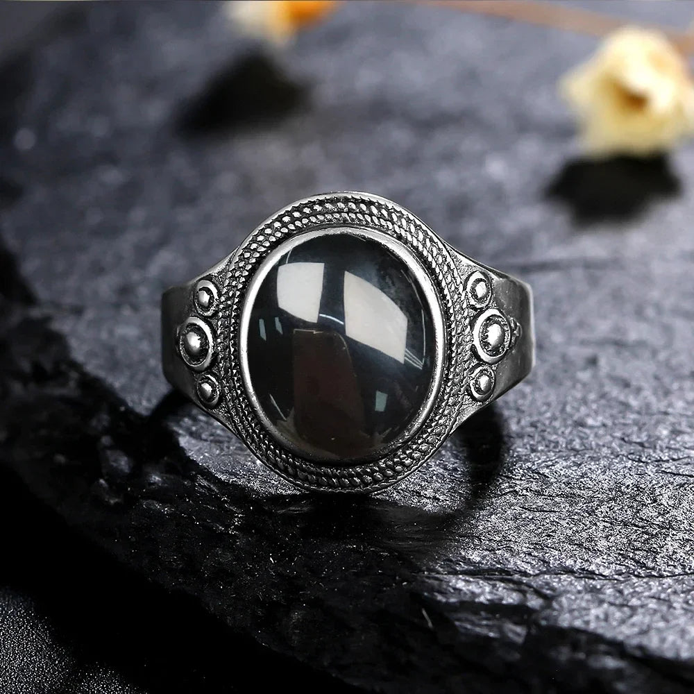 Vintage 925 Silver Ring Natural Black Onyx Ring Circular Denier Type Horse Eye Design Gift Fine Jewelry Black Ring For Men Women