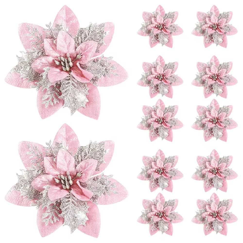 Christmas Glitter Flower Ornaments 5/10pcs