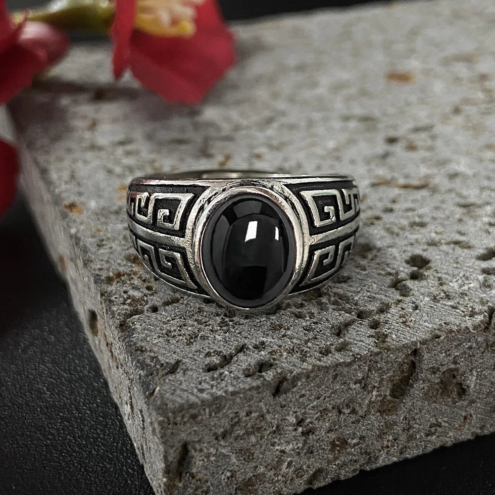 Vintage 925 Silver Ring Natural Black Onyx Ring Circular Denier Type Horse Eye Design Gift Fine Jewelry Black Ring For Men Women