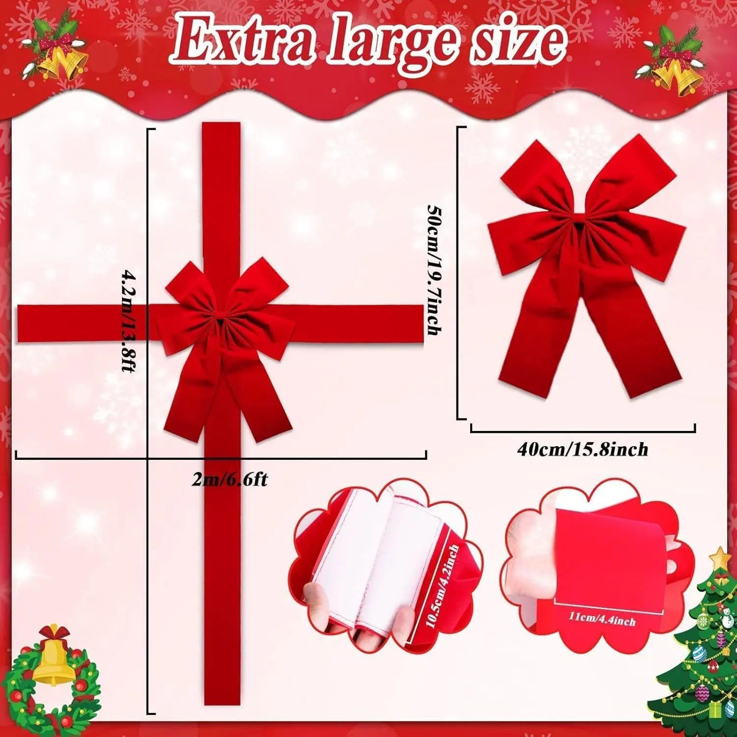 Christmas Large Red Organza Bow Front Door Hanging Decor DIY Xmas Gift Ready Made Bow for Wedding New Year Ribbon Bow