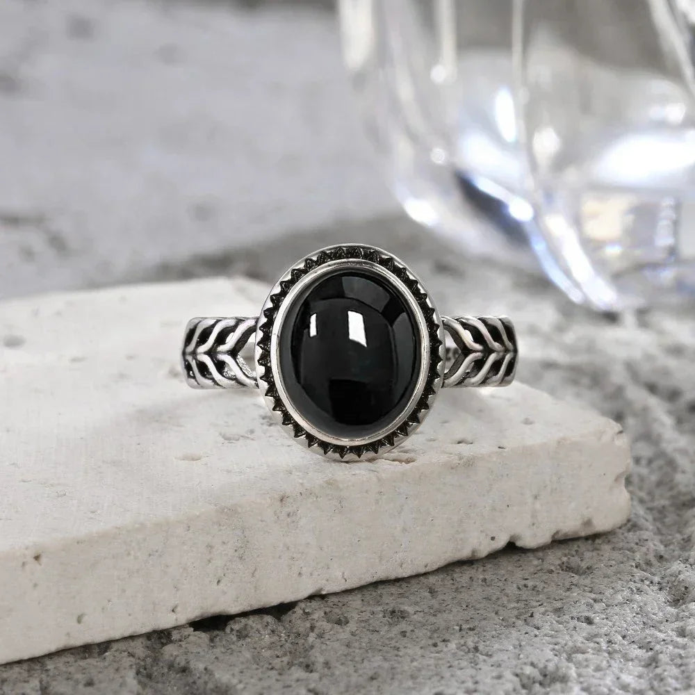 Vintage 925 Silver Ring Natural Black Onyx Ring Circular Denier Type Horse Eye Design Gift Fine Jewelry Black Ring For Men Women
