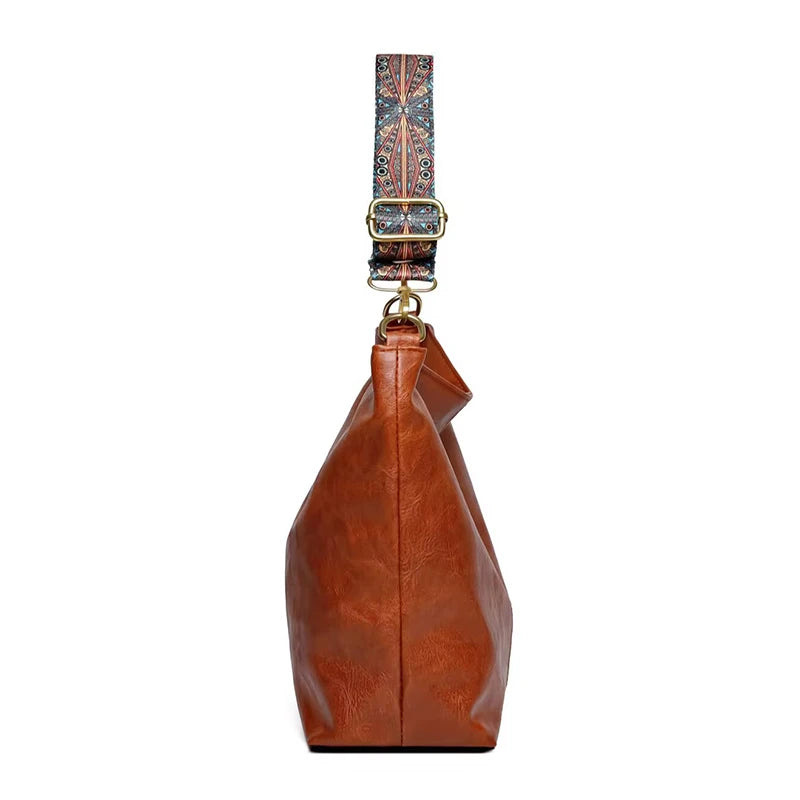 Neutral Style Men's and Women's Pu Tote Bag, Suitable for Travel and Photography, Single Shoulder Bag with Ethnic Style Strap