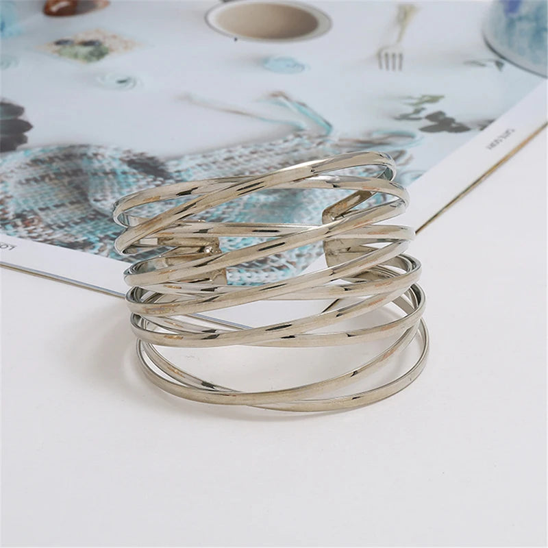Punk Multilayer Metal Wires Strings Bracelets Bangles For Women Vintage Exaggerated Gold Color Wide Open Cuff Bangles Jewelry