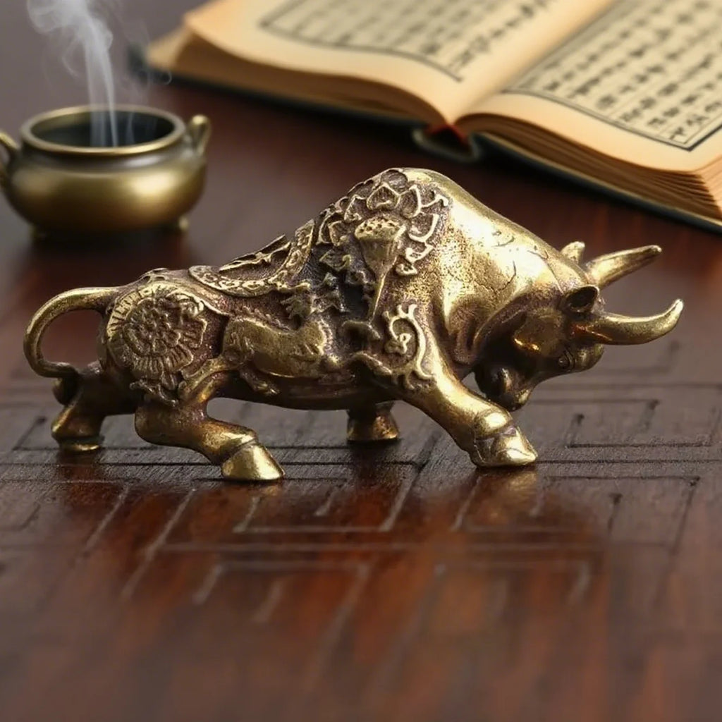 Brass Bullfighting Statue, Lucky Copper Animal Figurine, Wealth Bringing Miniature Ornament for Home & Office Desk Decor