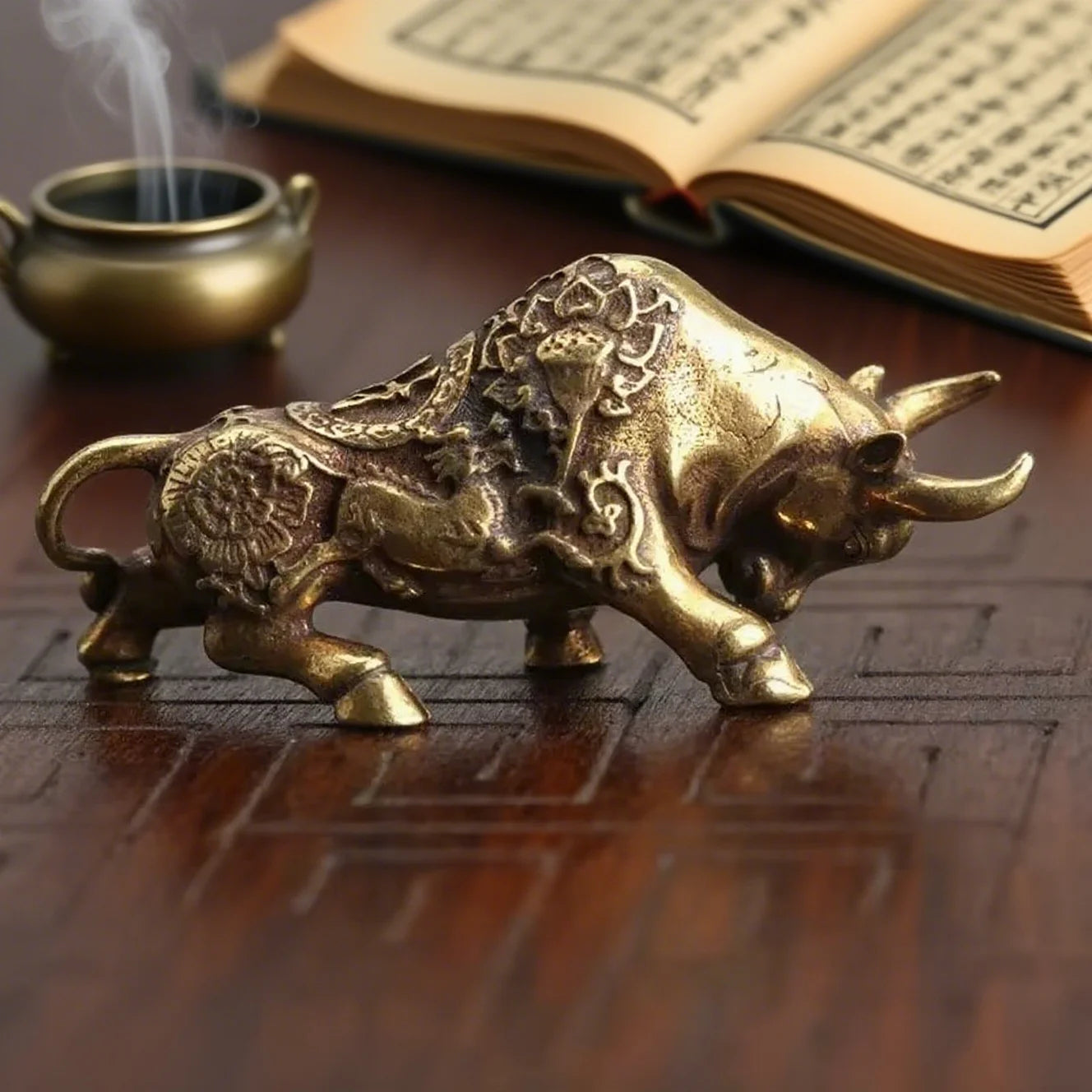 Brass Bullfighting Statue, Lucky Copper Animal Figurine, Wealth Bringing Miniature Ornament for Home & Office Desk Decor