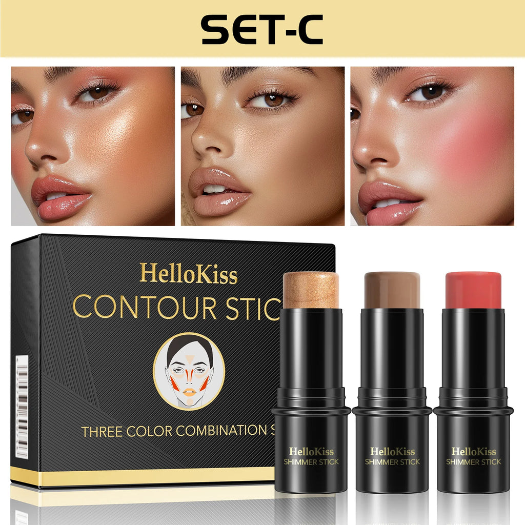 4pcs Contour Stick, Highlighter Stick, Blush Stick 4pcs Cream Contour Kit with Contour Brush, Create Face Contour, Non-greasy