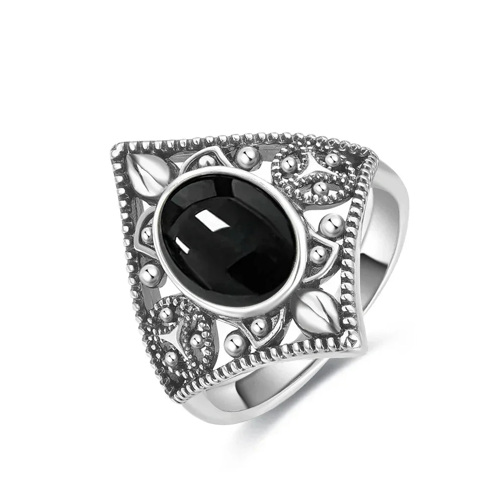 Vintage 925 Silver Ring Natural Black Onyx Ring Circular Denier Type Horse Eye Design Gift Fine Jewelry Black Ring For Men Women