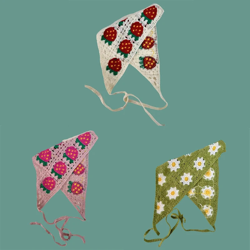 Elegant Knitted Triangle Scarf Headband for Women Fashion Girl strawberry Versatile pattern Hair Band Hair Accessory