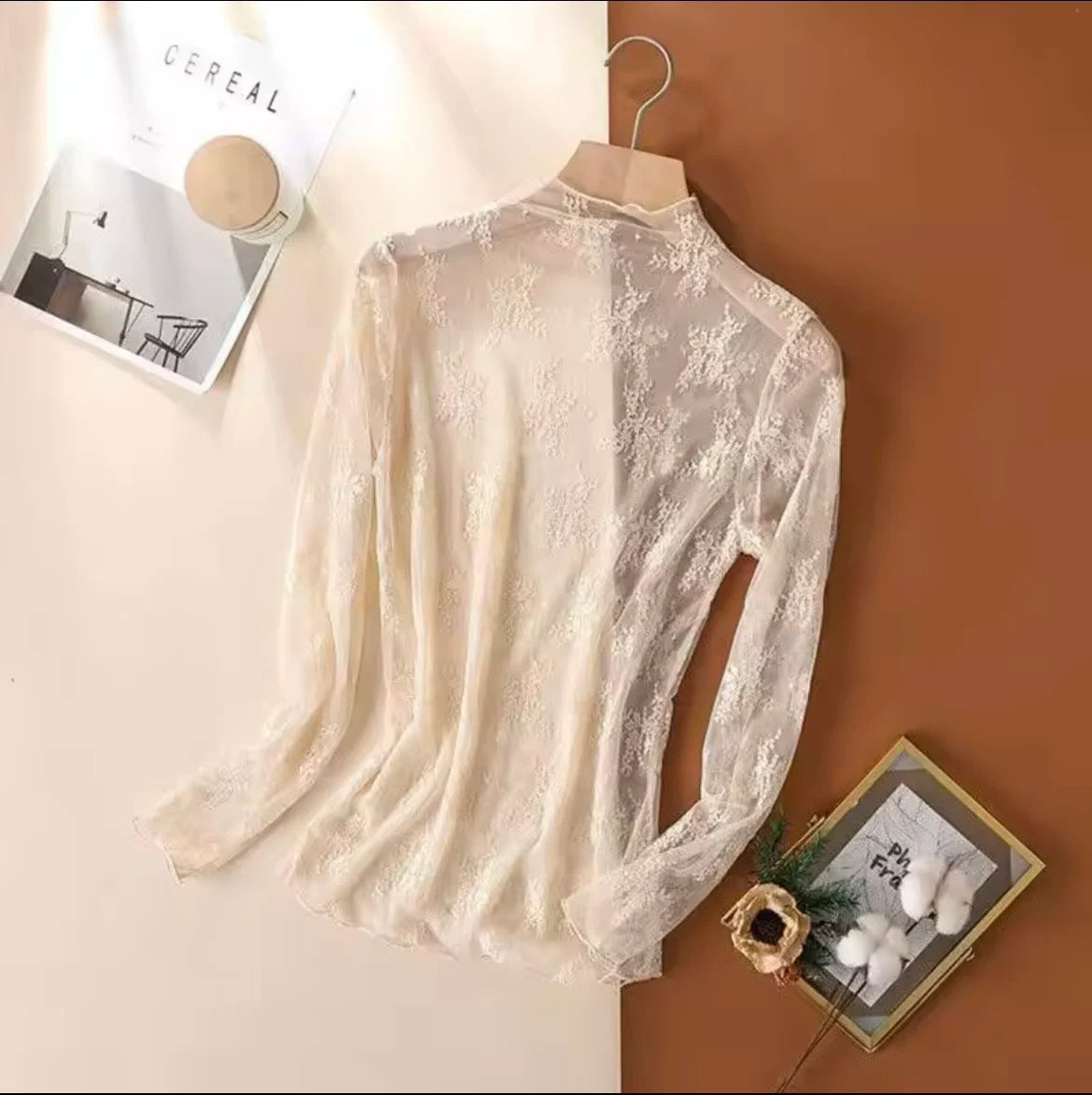 Sexy Lace Women Blouses Pullover Spring Autumn Thin Slim Fit T-Shirt Solid Turtleneck Long Sleeve See-though Mesh Sheer Tops