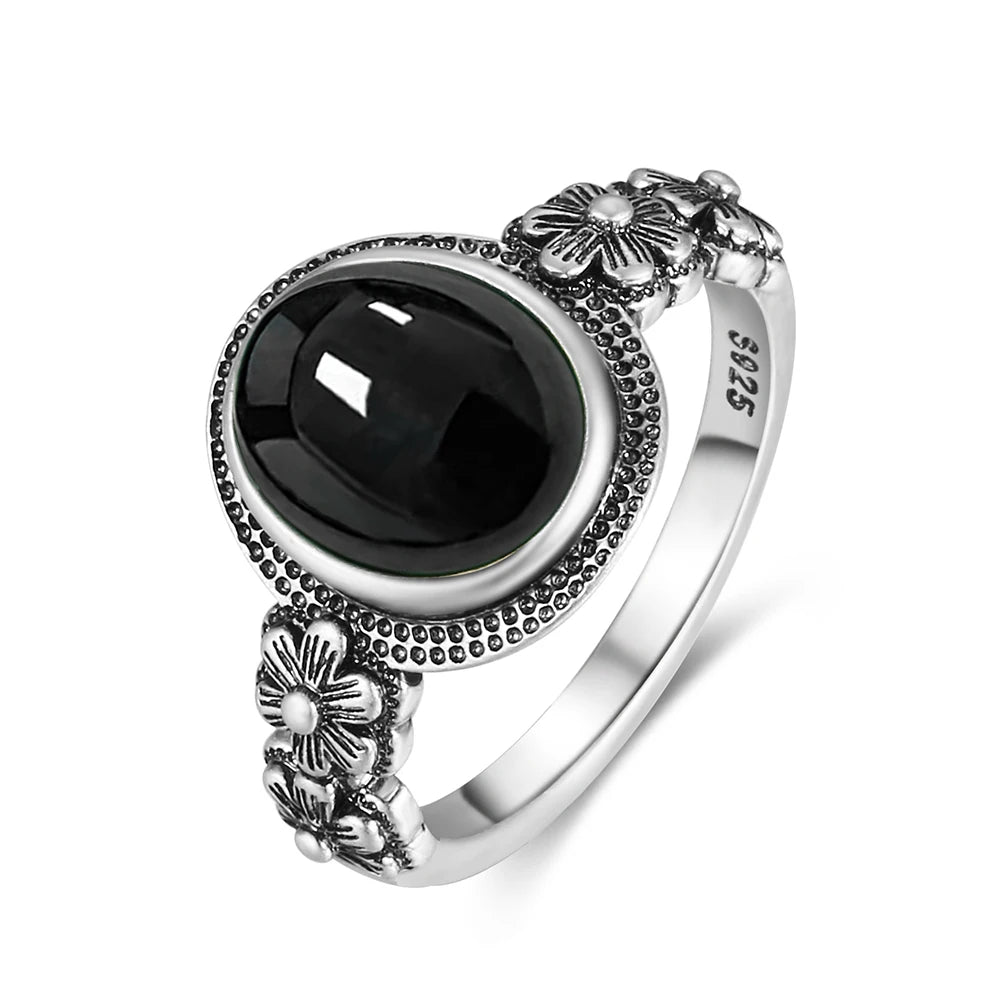 Vintage 925 Silver Ring Natural Black Onyx Ring Circular Denier Type Horse Eye Design Gift Fine Jewelry Black Ring For Men Women