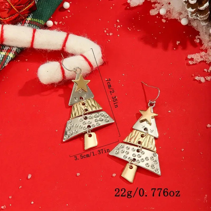 Gold and Silver Color Christmas Tree Earrings Metal Pendant Hoop Drop Earring For Women Ear Hook Fashion Party Accessories Gifts