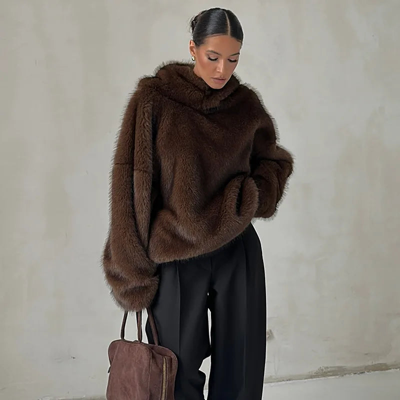 Fluffy Hooded Pullover Woman Long Sleeves Solid Color Loose Warm Tops Casual Fashion Street Women's New Autumn Winter Pullovers