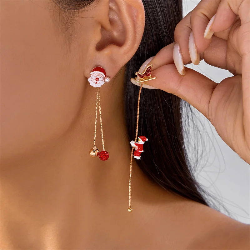 New Design Moving Santa Claus Tassel Dangle Earrings for Women Christmas Tree Snowflake Asymmetric Long Earring New Year Jewelry