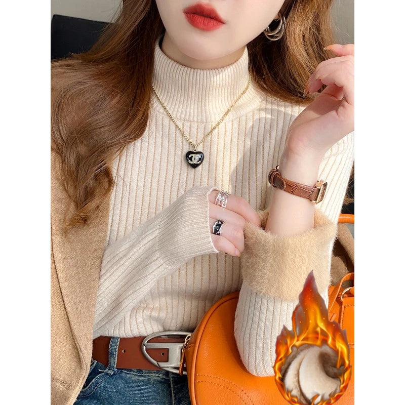 Women's Turtleneck Sweater Winter 2025 Retro with Velvet Lining Thickened Inner Wear Thermal Knitting Bottoming Shirt Pullovers