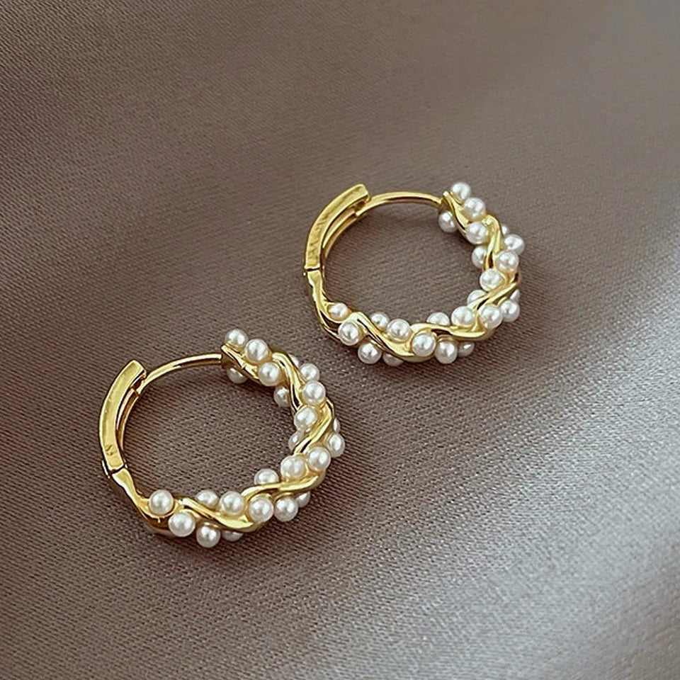 Yupsk French Imitation Pearl Circle Earring Small Round Hoop Earrings For Women Exquisite Texture Earrings Jewelry Girls Gift