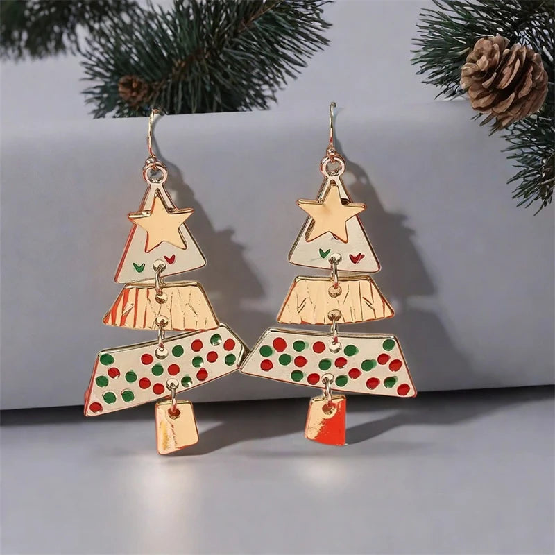 Gold and Silver Color Christmas Tree Earrings Metal Pendant Hoop Drop Earring For Women Ear Hook Fashion Party Accessories Gifts
