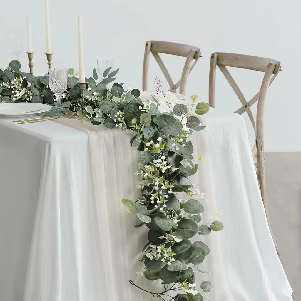 1pc Artificial Eucalyptus Leaves Greenery Garland Faux Plant Spring Vines With White Flowers Berries Wedding Home Party Decor