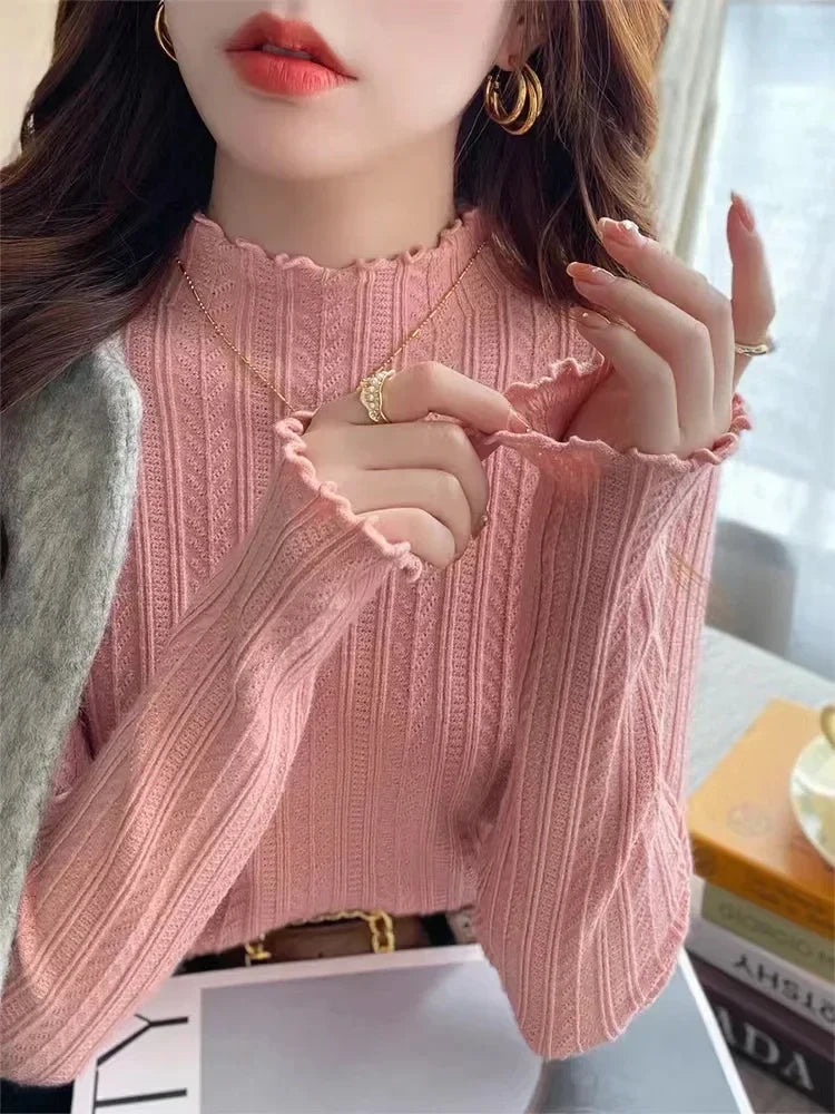 New Women's Autumn and Winter Solid Color Ruffled Semi-turtleneck Long-sleeved Knitted Sweater Casual Women's Knitted Pullovers