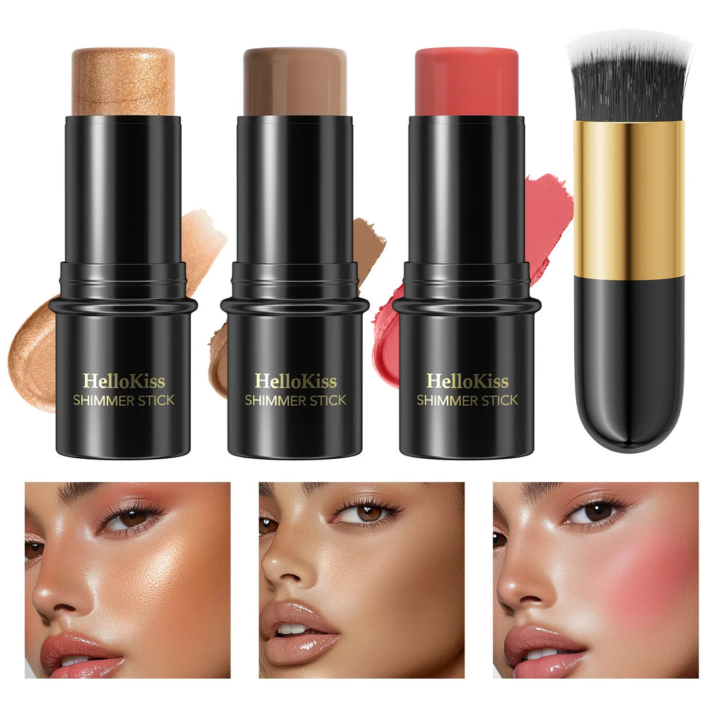 4pcs Contour Stick, Highlighter Stick, Blush Stick 4pcs Cream Contour Kit with Contour Brush, Create Face Contour, Non-greasy