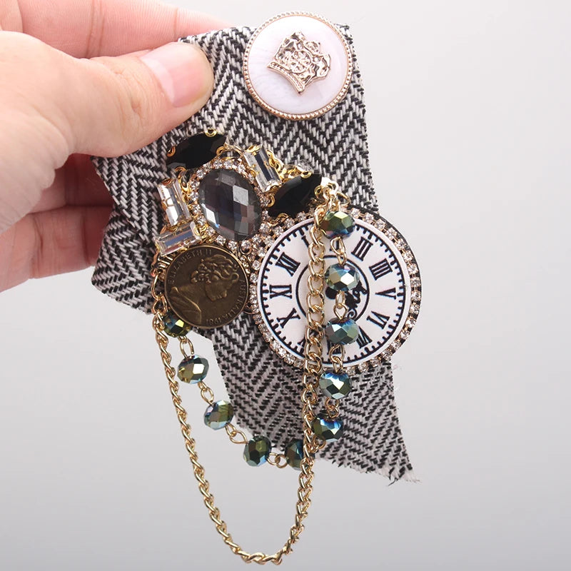 Steampunk Vintage Clock Brooch Rhinestone Coin & Chain Embellished Pin with Cloth Fabric