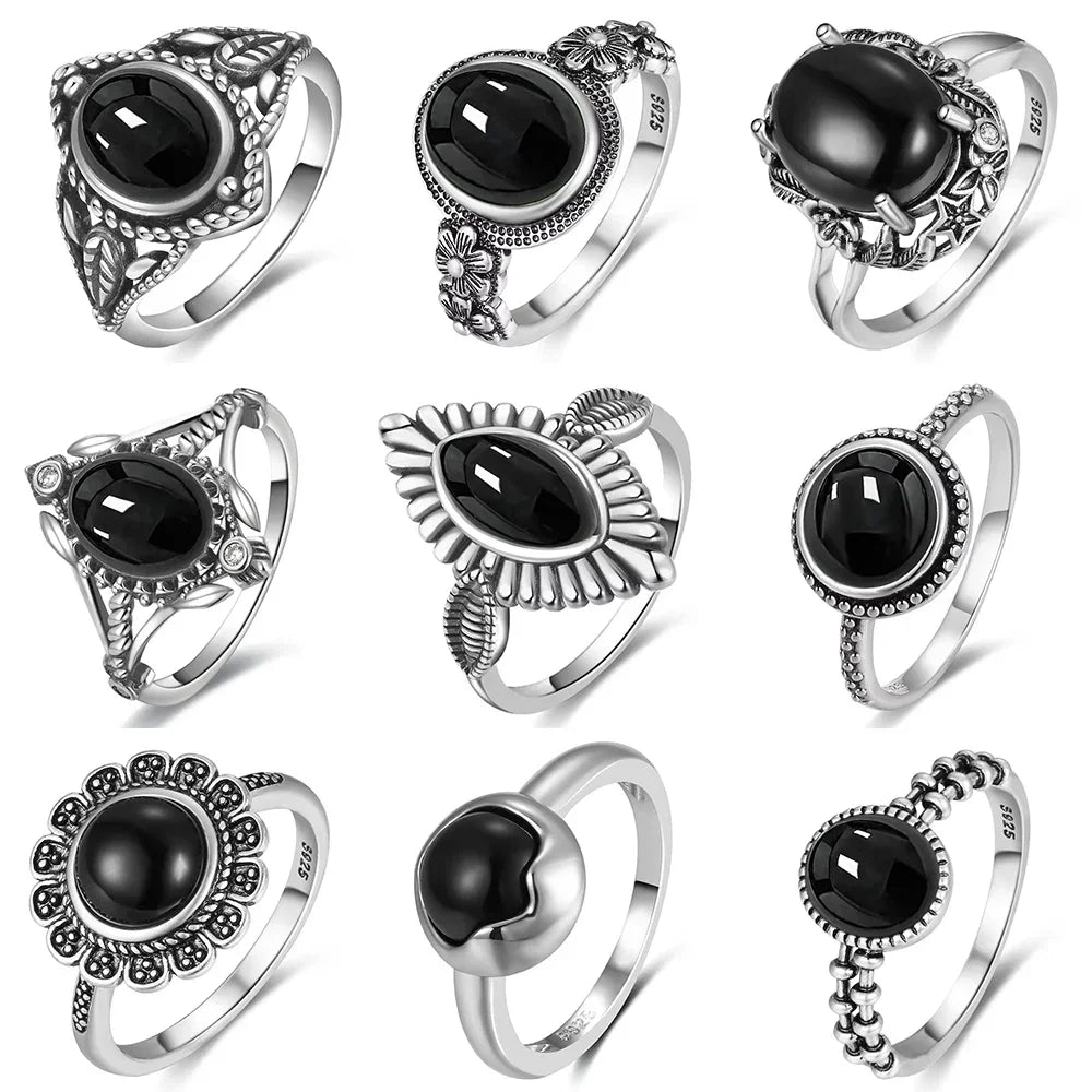 Vintage 925 Silver Ring Natural Black Onyx Ring Circular Denier Type Horse Eye Design Gift Fine Jewelry Black Ring For Men Women