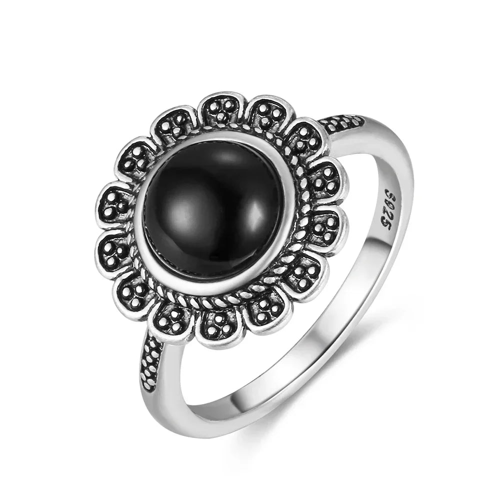 Vintage 925 Silver Ring Natural Black Onyx Ring Circular Denier Type Horse Eye Design Gift Fine Jewelry Black Ring For Men Women