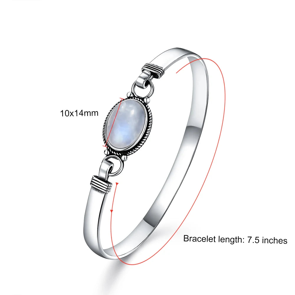 Vintage 925 Silver Natural Oval Moonstone Bangle Bracelets Handmade Birthstone Bangle Gifts Fine Jewelry for Women Men