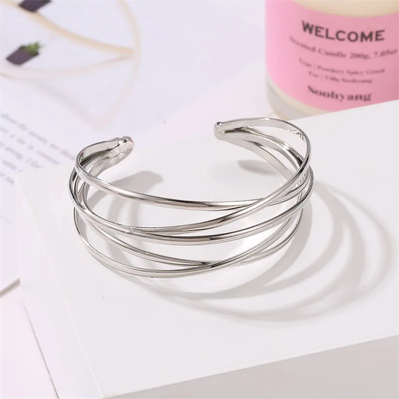 Punk Multilayer Metal Wires Strings Bracelets Bangles For Women Vintage Exaggerated Gold Color Wide Open Cuff Bangles Jewelry