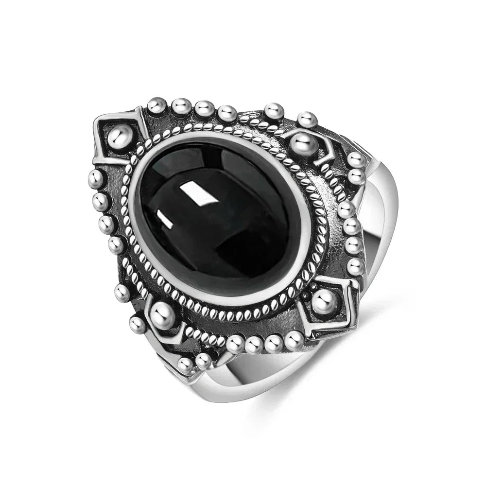 Vintage 925 Silver Ring Natural Black Onyx Ring Circular Denier Type Horse Eye Design Gift Fine Jewelry Black Ring For Men Women