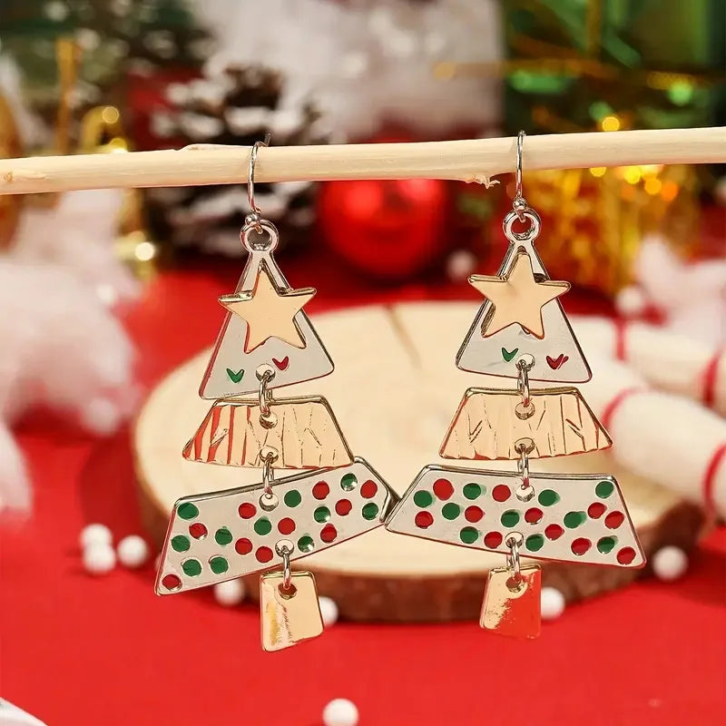 Gold and Silver Color Christmas Tree Earrings Metal Pendant Hoop Drop Earring For Women Ear Hook Fashion Party Accessories Gifts