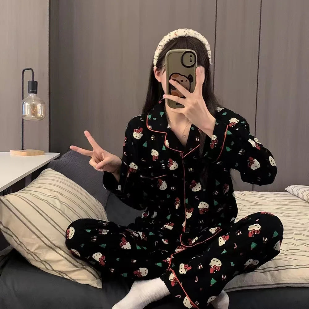 2Pcs/Set Christmas Hello Kitty Pajama Set Anime Cute Woman's Home Wear Cartoon Casual Pajamas Couple Sleep Clothing Loungewear