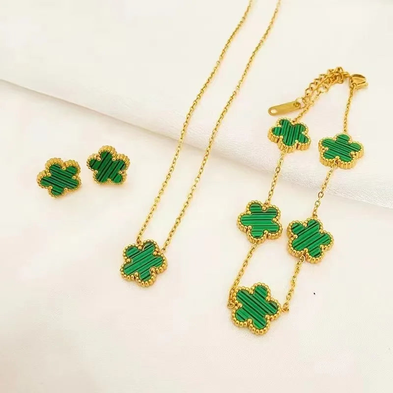 3-Piece Set of Plum Blossom Five-Leaf Flower Necklace Bracelet Women's Gift Jewelry Set for Parties