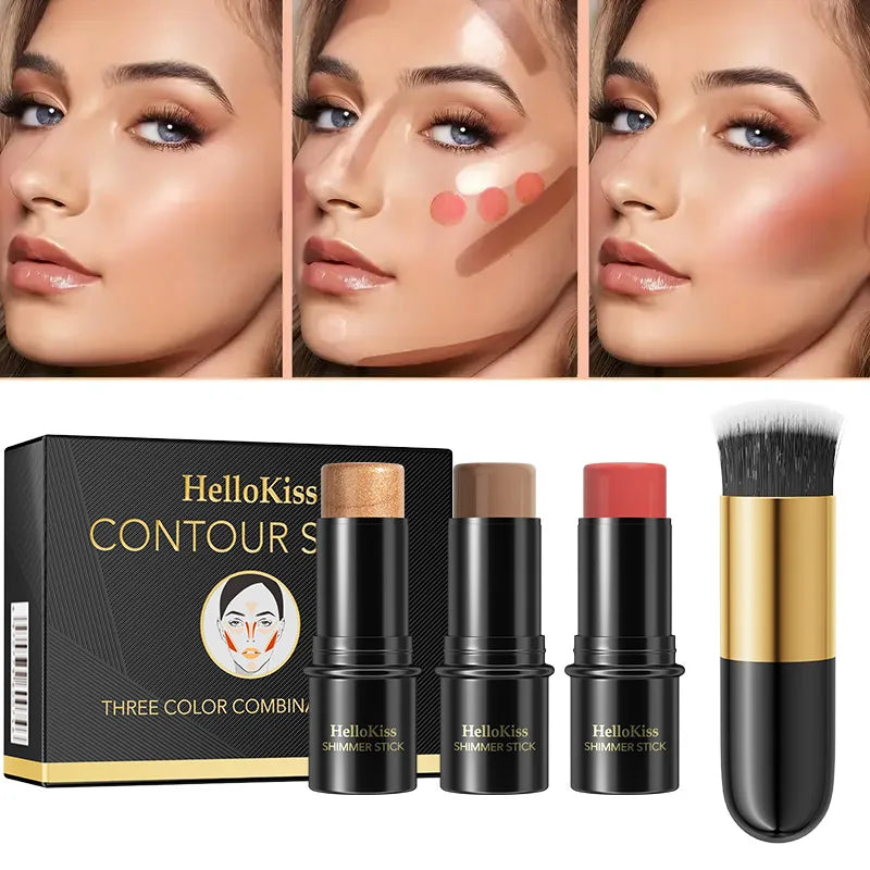 4pcs Contour Stick, Highlighter Stick, Blush Stick 4pcs Cream Contour Kit with Contour Brush, Create Face Contour, Non-greasy