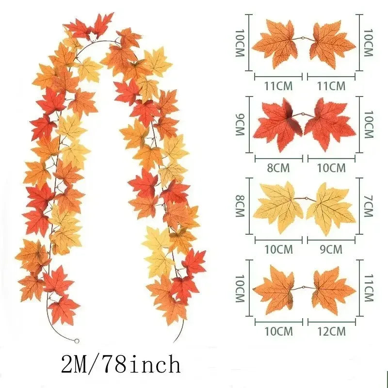 200CM Autumn Artificial Maple Leaf Wreath Fake Leaf Plant Vine Home Decor Garden Halloween Wall Outdoor Doors Windows Decoration