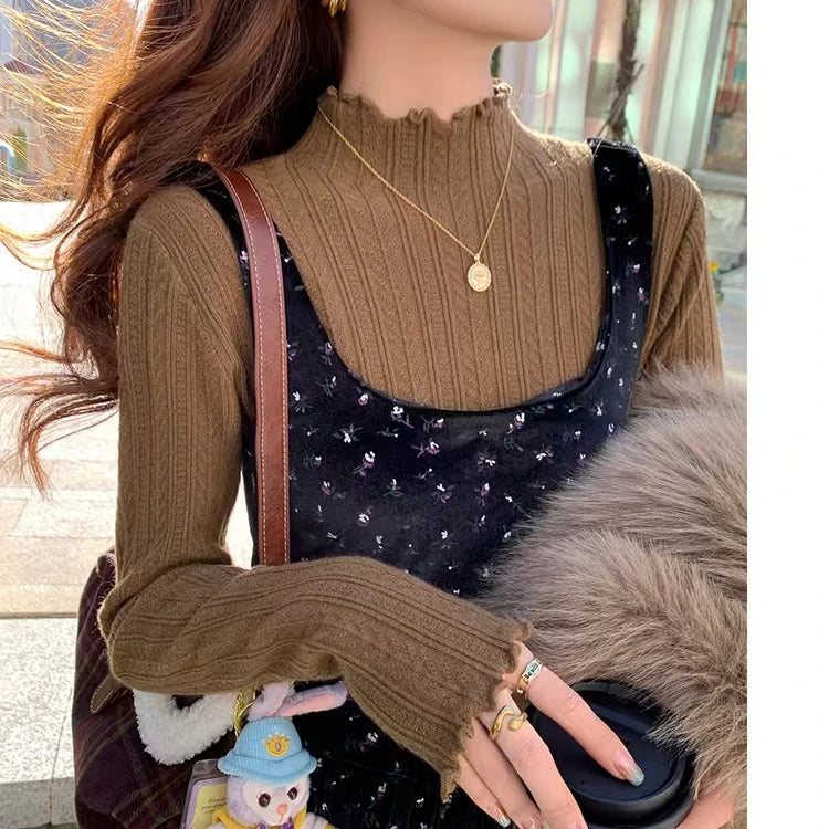 New Women's Autumn and Winter Solid Color Ruffled Semi-turtleneck Long-sleeved Knitted Sweater Casual Women's Knitted Pullovers