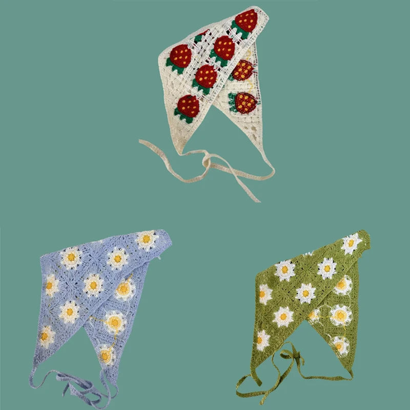 Elegant Knitted Triangle Scarf Headband for Women Fashion Girl strawberry Versatile pattern Hair Band Hair Accessory