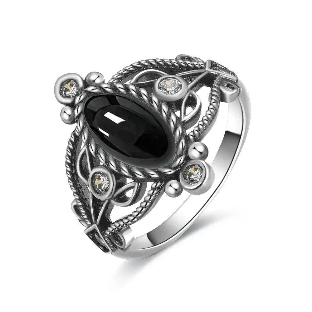 Vintage 925 Silver Ring Natural Black Onyx Ring Circular Denier Type Horse Eye Design Gift Fine Jewelry Black Ring For Men Women