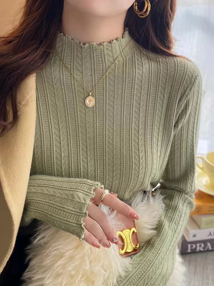 New Women's Autumn and Winter Solid Color Ruffled Semi-turtleneck Long-sleeved Knitted Sweater Casual Women's Knitted Pullovers