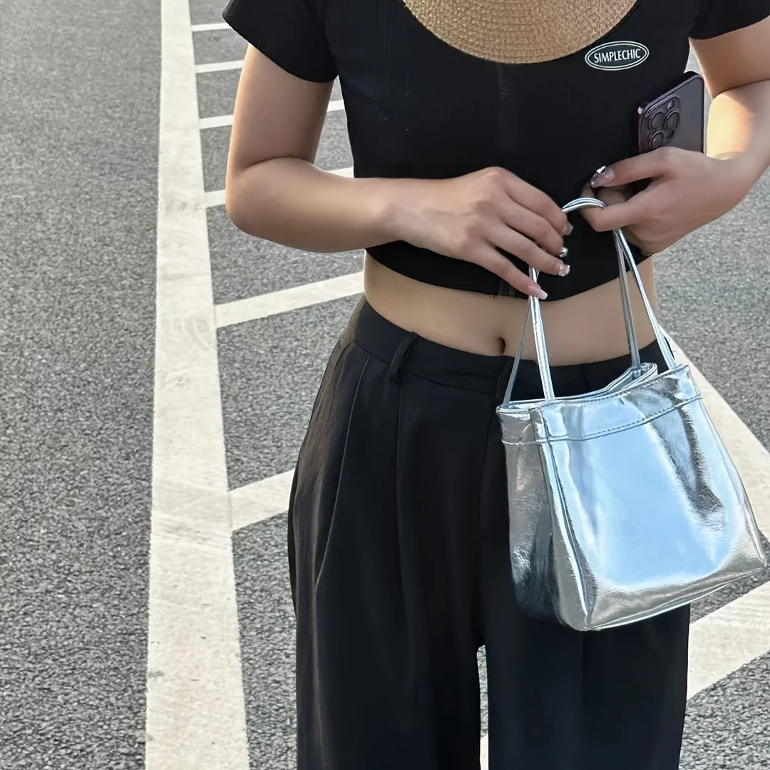 Sparkling Silver Mini Fashion Drawstring Bucket Bag, PU Sparkling Handbag, Women's Fashion Handbag and Wallet