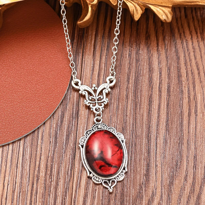 Gothic Blood Red Quartz Charm Necklace Oval Pendant Necklace For Women Halloween Vampire Embossed Witch Jewelry Vintage Chokers