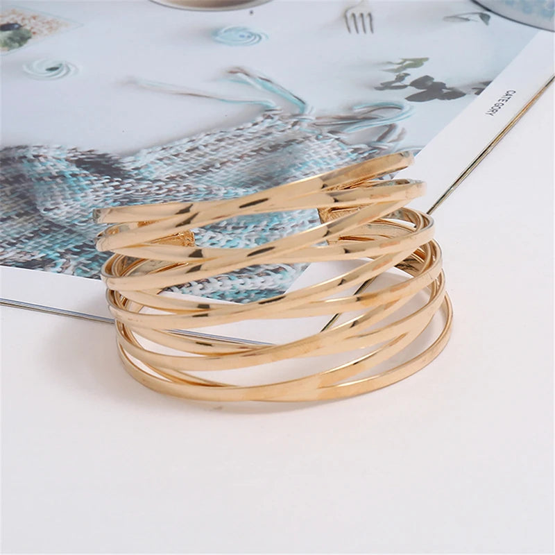 Punk Multilayer Metal Wires Strings Bracelets Bangles For Women Vintage Exaggerated Gold Color Wide Open Cuff Bangles Jewelry