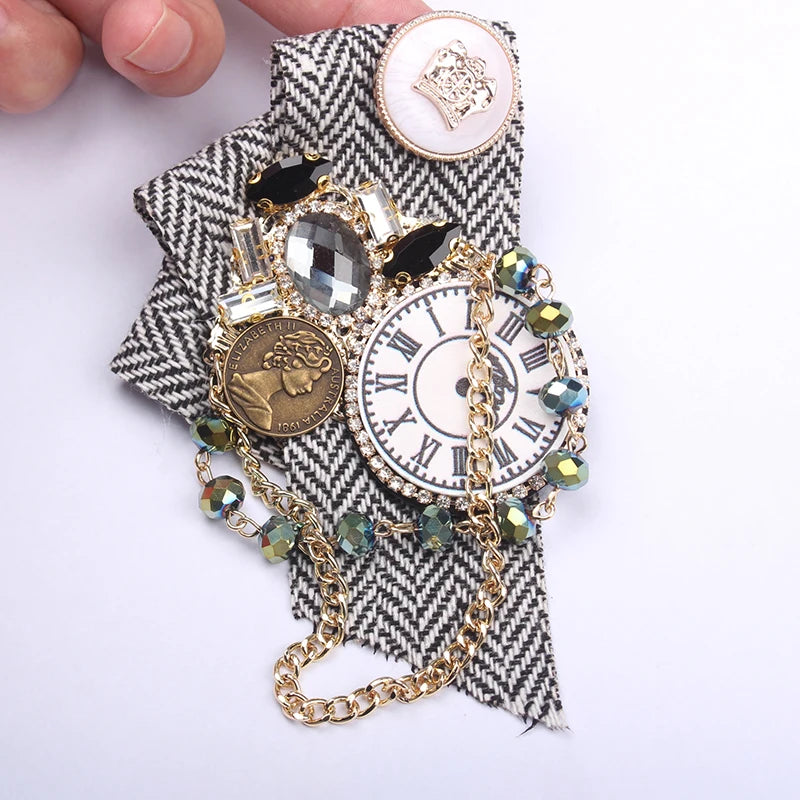 Steampunk Vintage Clock Brooch Rhinestone Coin & Chain Embellished Pin with Cloth Fabric