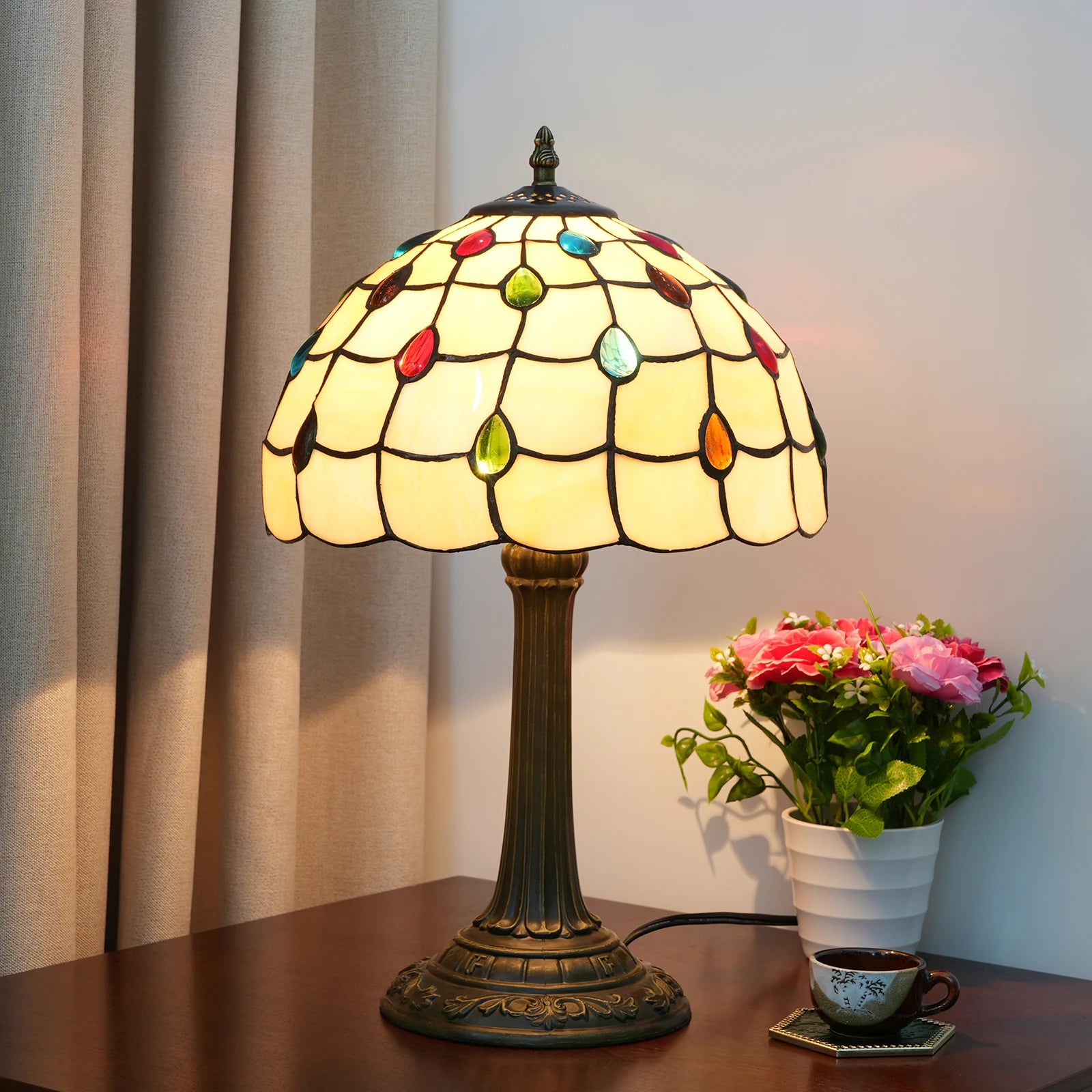 Yellow Peacock Tail Style Stained Glass Table Lamp Vintage Handmade Reading Lamp for Living Room Home Office Decor Light