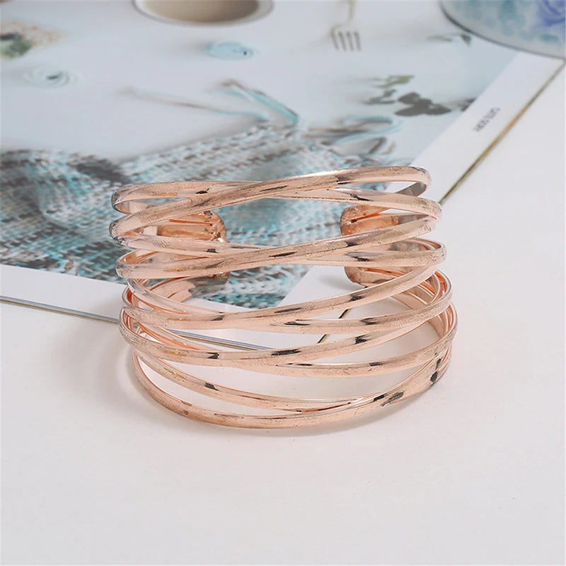 Punk Multilayer Metal Wires Strings Bracelets Bangles For Women Vintage Exaggerated Gold Color Wide Open Cuff Bangles Jewelry