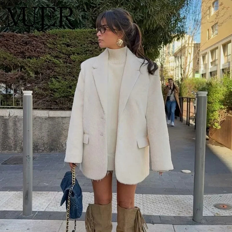 MUJER 2025 Faux Fur Women's Blazers Fashion Outerwears Straight Long Blazer Woman Long Sleeve New Coats and Jackets for Women